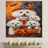 Bichon Frise Dog Halloween Witch Canvas Wall Art with Pumpkins Fall Farmhouse Decor for Pet Lovers on Ready to Hang 1.5" Thick Canvas Wrap, Floating Framed Canvas, Flat Rolled Canvas